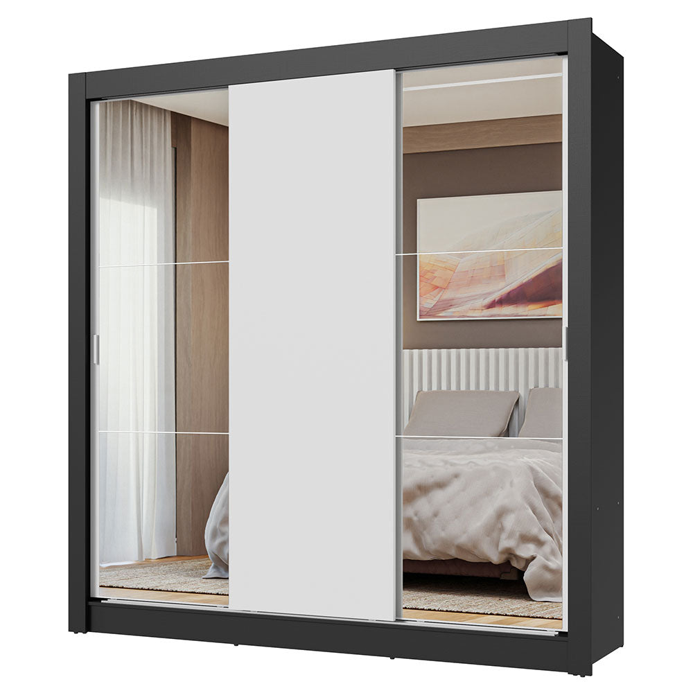 Clóset Matrimonial 170 cm 3 Puertas Corredizas Con 2 Espejos Negro/Blanco Nobre Madesa