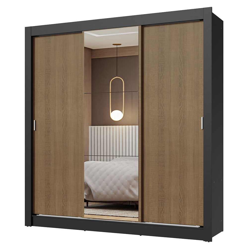 Clóset Matrimonial 170 cm 3 Puertas Corredizas Con 1 Espejo Negro/Marrón Nobre Madesa