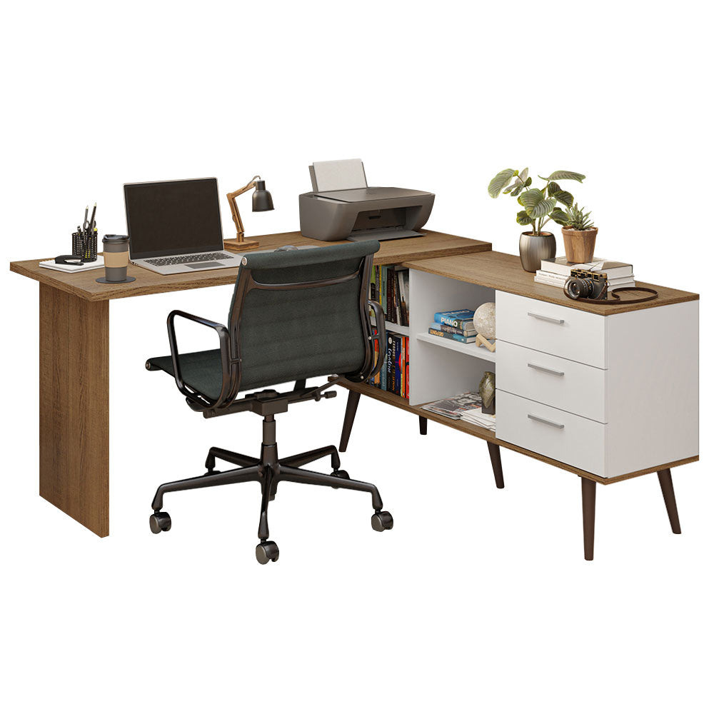 Escritorio Esquinero 302 cm 3 Cajones Marrón/Blanco Madesa