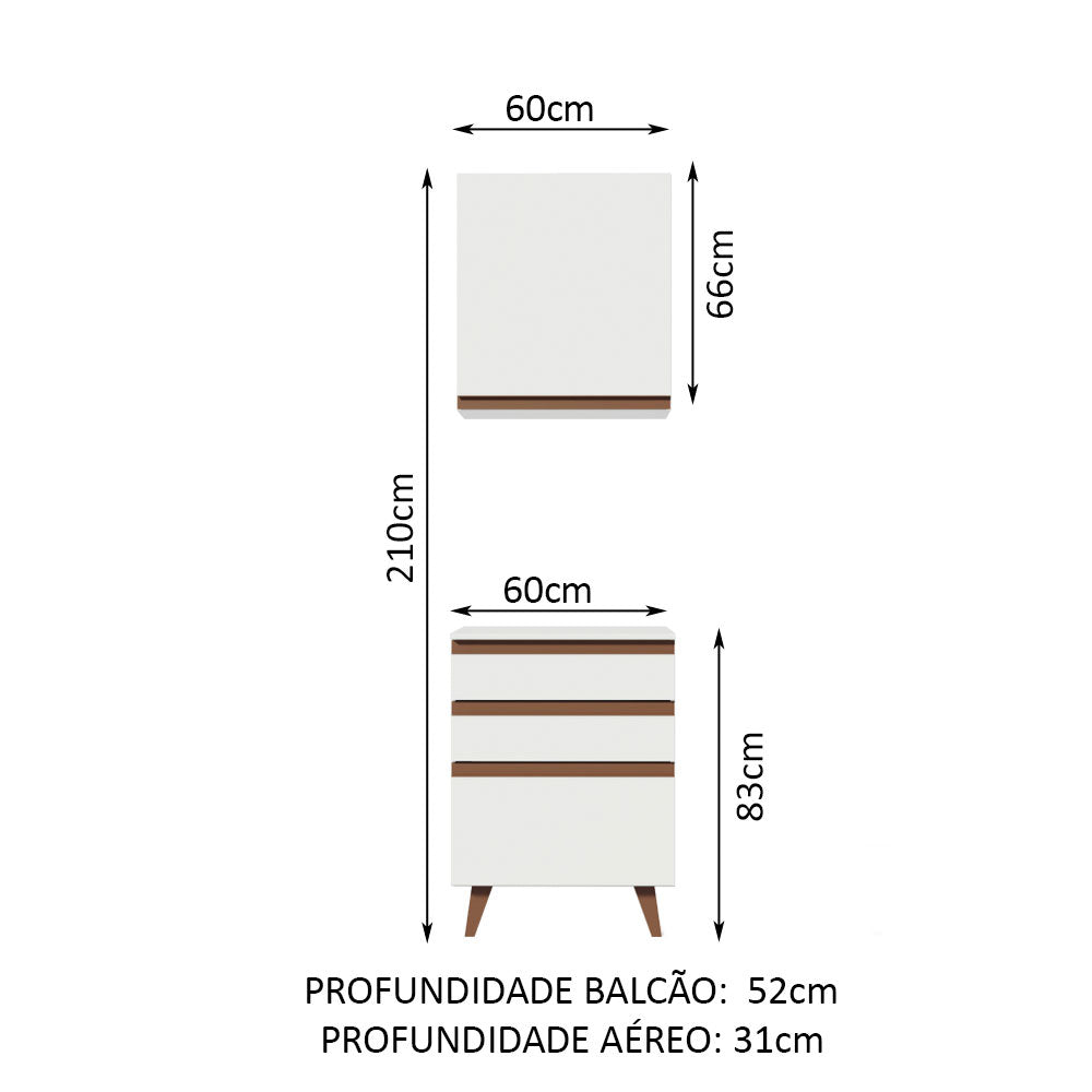 Kit Reims 60 cm con Gabinete Superior y Bajo con 3 Cajones Blanco