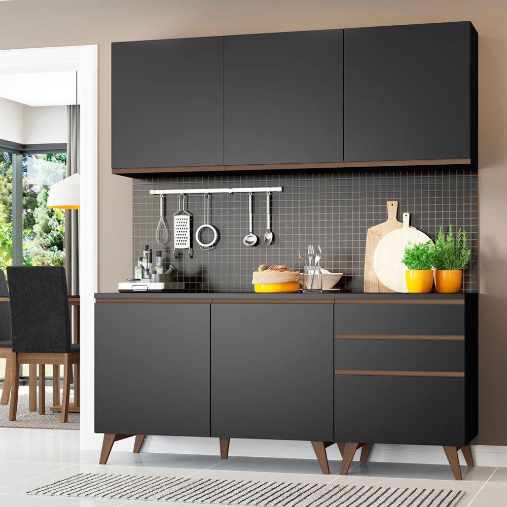 Cocina Compacta 180 x 52 cm 5 Puertas 3 Cajones Negro Reims Madesa