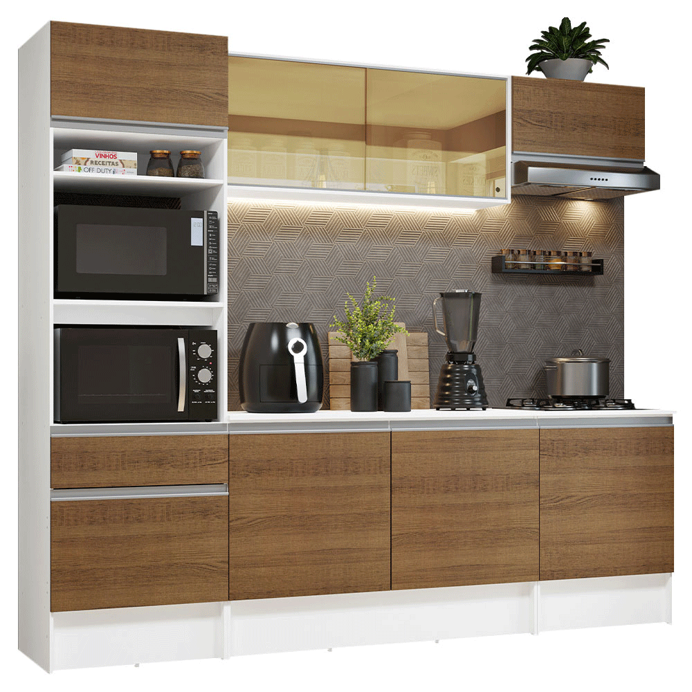 Cocina Compacta 240 x 52 cm 8 Puertas 1 Cajón con Mueble para Horno Blanco/Marrón Diamante Madesa