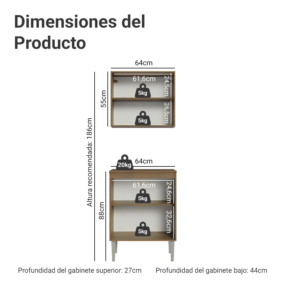 Kit con Gabinete Superior y Bajo 64cm Marrón/Negro Emilly