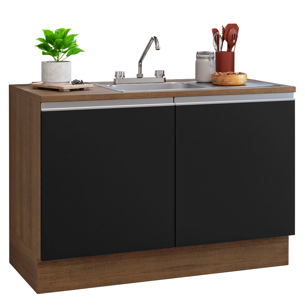 Gabinete Bajo para Fregadero con Accesorios de Cocina 120 x 60 cm 2 Puertas (Con Encimera) Glamy Marrón/Negro