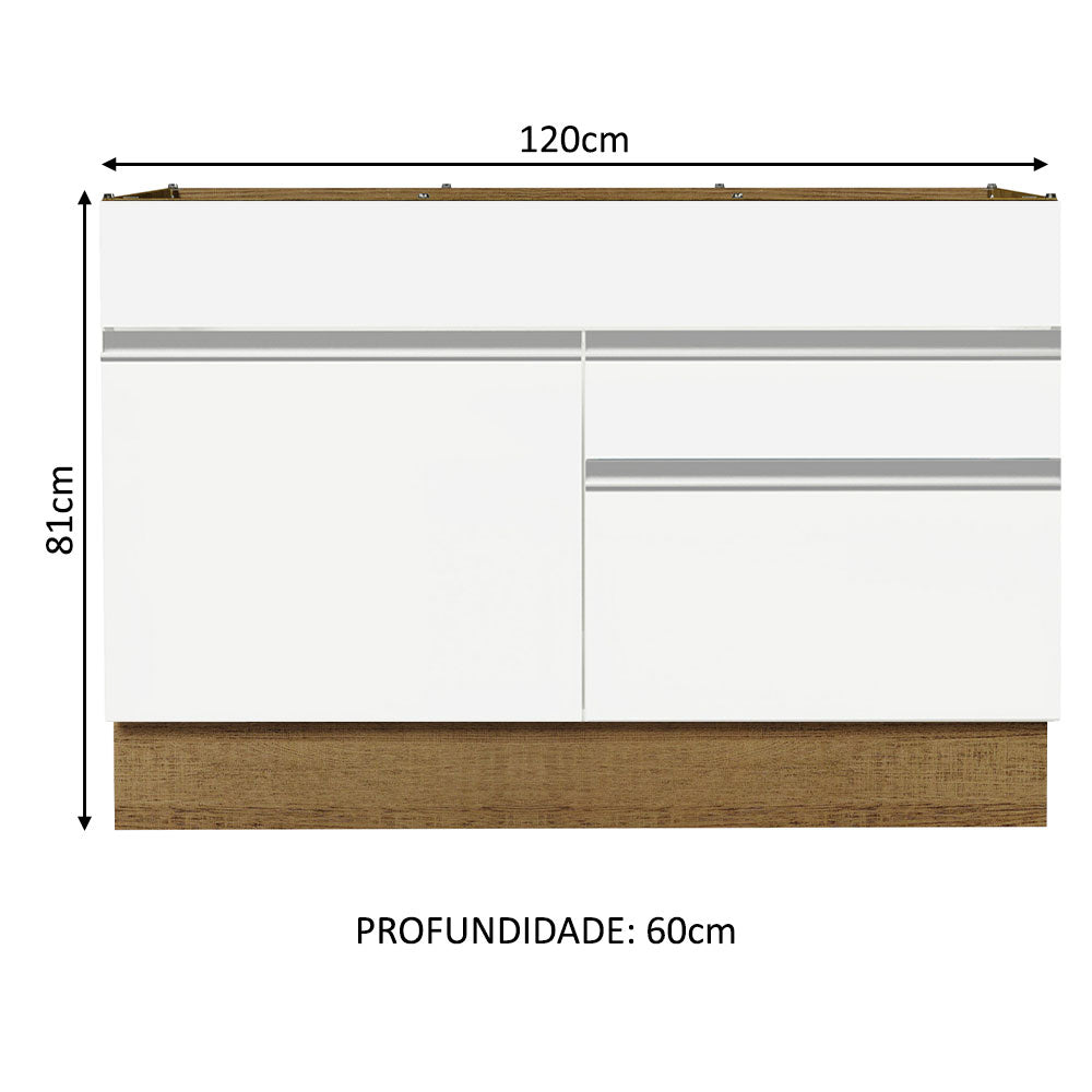 Gabinete Bajo para Tarja 120 x 60 cm 1 Puerta 2 Cajones (Sin Encimera) Glamy Marrón/Blanco