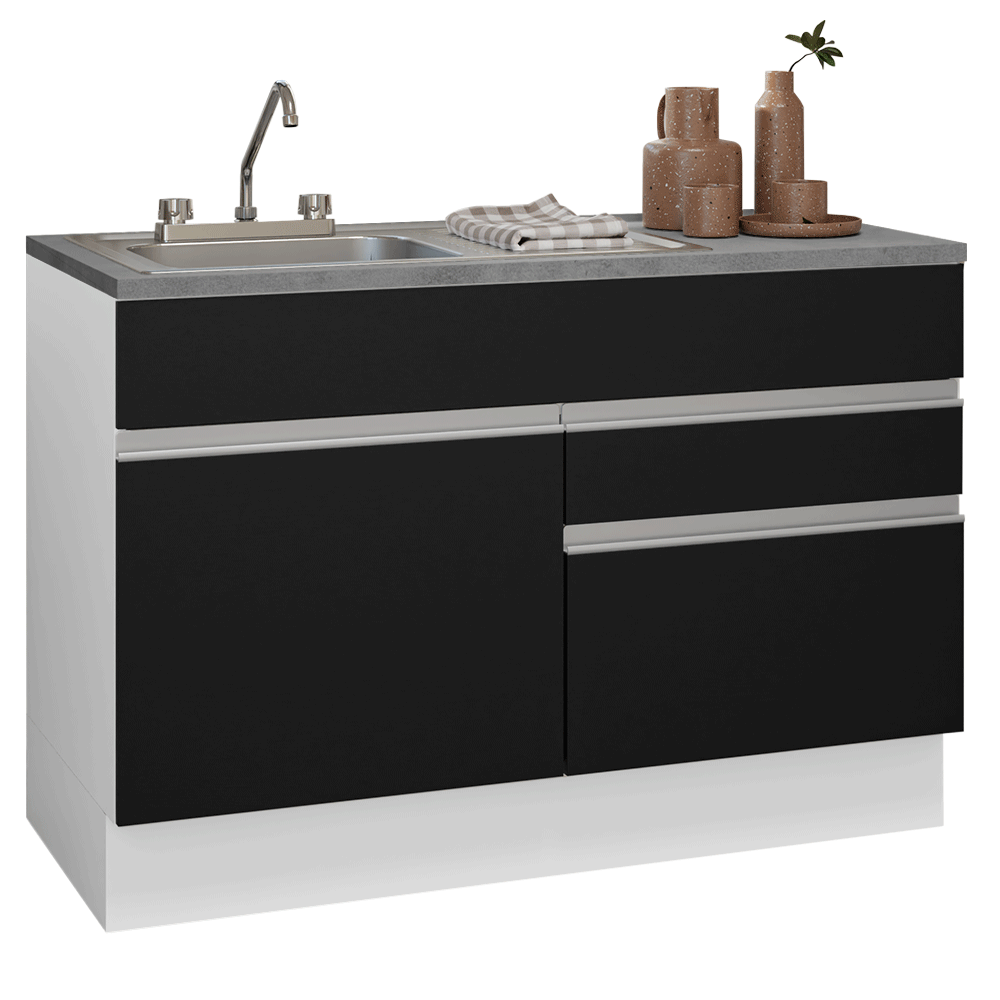 Gabinete Bajo para Fregadero con Accesorios de Cocina 120 cm 1 Puerta 2 Cajones Blanco/Negro Glamy Madesa