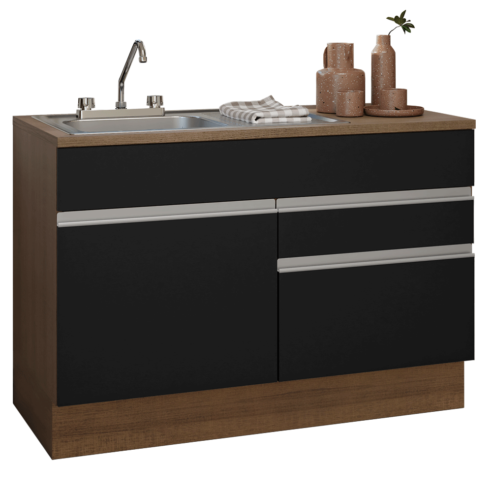 Gabinete Bajo para Fregadero con Accesorios de Cocina 120 cm 1 Puerta 2 Cajones Marrón/Negro Glamy Madesa