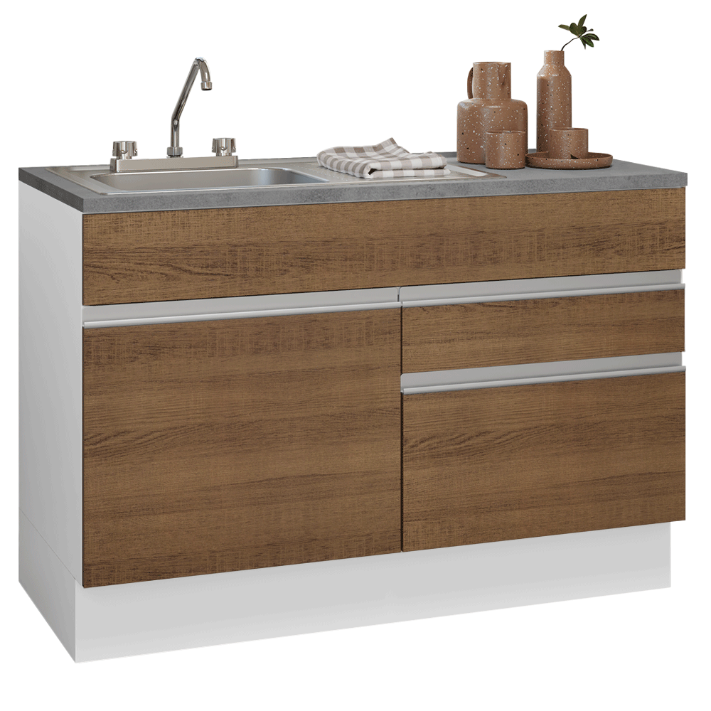 Gabinete Bajo para Fregadero con Accesorios de Cocina 120 cm 1 Puerta 2 Cajones Blanco/Marrón Glamy Madesa