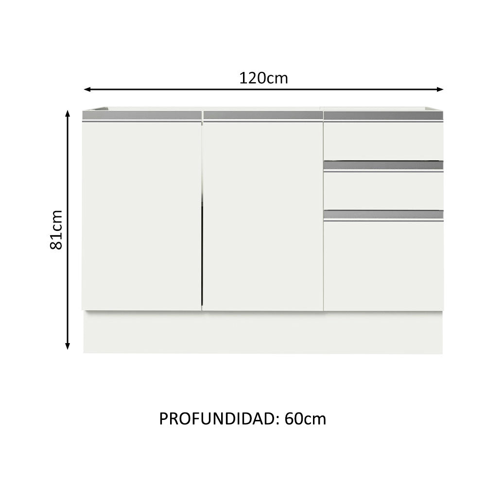 Gabinete Bajo para Fregadero con Accesorios de Cocina 120 x 60 cm 2 Puertas 3 Cajones (Con Encimera) Glamy Blanco