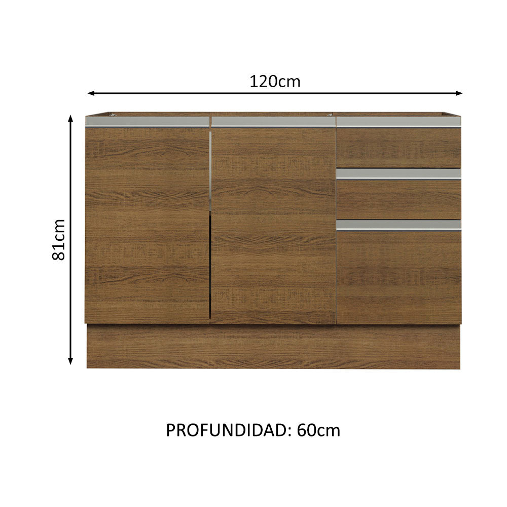 Gabinete Bajo para Fregadero con Accesorios de Cocina 120 x 60 cm 2 Puertas 3 Cajones (Con Encimera) Glamy Marrón