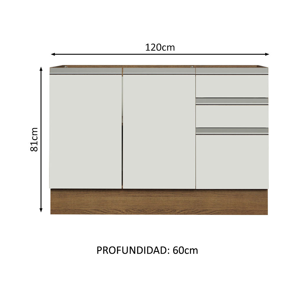 Gabinete Bajo para Fregadero con Accesorios de Cocina 120 x 60 cm 2 Puertas 3 Cajones (Con Encimera) Glamy Marrón/Blanco