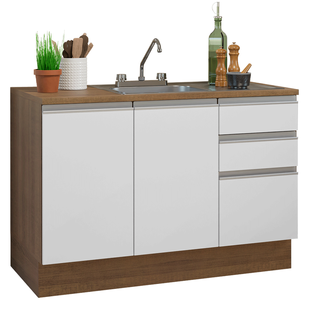 Gabinete Bajo para Fregadero con Accesorios de Cocina 120 x 60 cm 2 Puertas 3 Cajones (Con Encimera) Glamy Marrón/Blanco