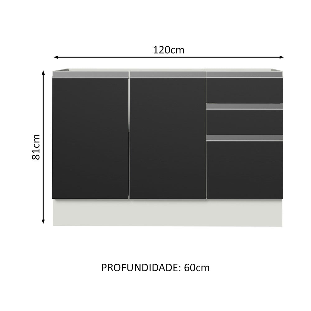 Gabinete Bajo para Tarja 120 x 60 cm 2 Puertas 3 Cajones (Sin Encimera) Glamy Blanco/Negro