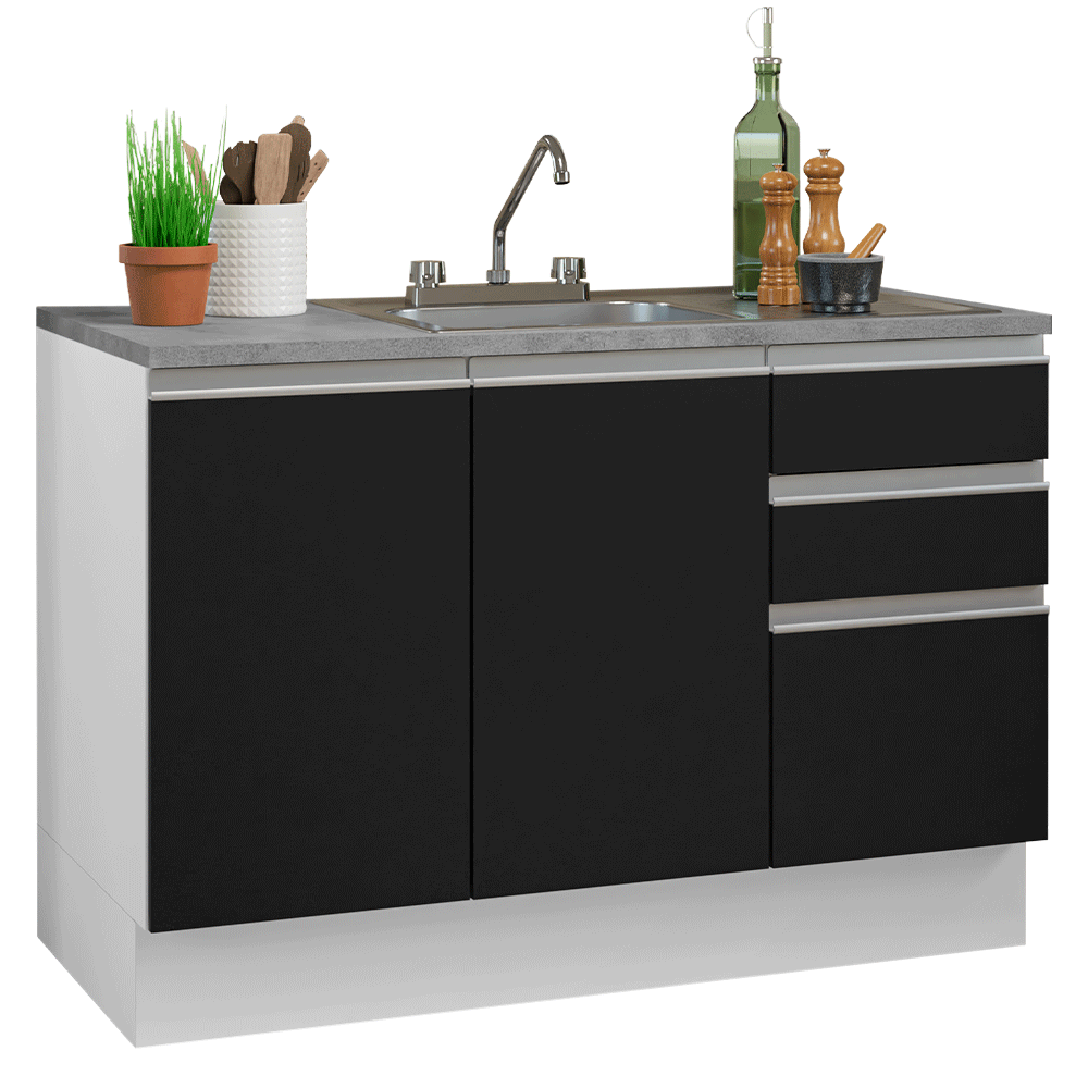 Gabinete Bajo para Fregadero con Accesorios de Cocina 120 x 60 cm 2 Puerta 3 Cajones (Con Encimera) Glamy Blanco/Negro