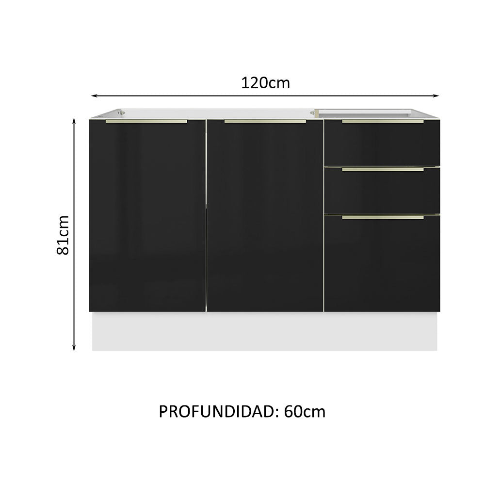 Gabinete Bajo para Fregadero con Accesorios de Cocina 120 cm 2 Puertas 3 Cajones Blanco/Negro Lux Madesa