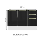 Gabinete Bajo para Fregadero con Accesorios de Cocina 120 cm 2 Puertas 3 Cajones Blanco/Negro Lux Madesa