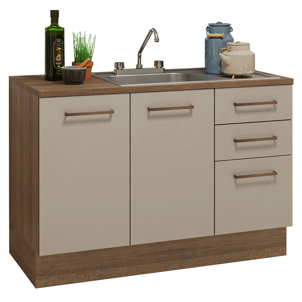 Gabinete Bajo para Fregadero con Accesorios de Cocina 120 x 60 cm 2 Puertas 3 Cajones (Con Encimera) Agata Marrón/Crema