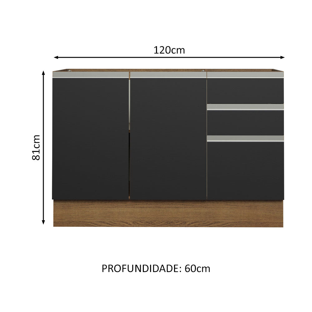 Gabinete Bajo para Tarja 120 x 60 cm 2 Puerta 3 Cajones (Sin Encimera) Glamy Marrón/Negro