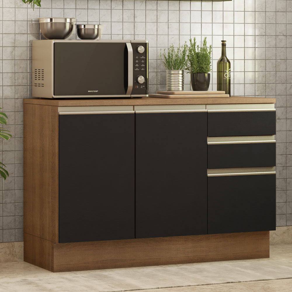 Gabinete Bajo para Tarja 120 x 60 cm 2 Puerta 3 Cajones (Con Encimera) Glamy Marrón/Negro