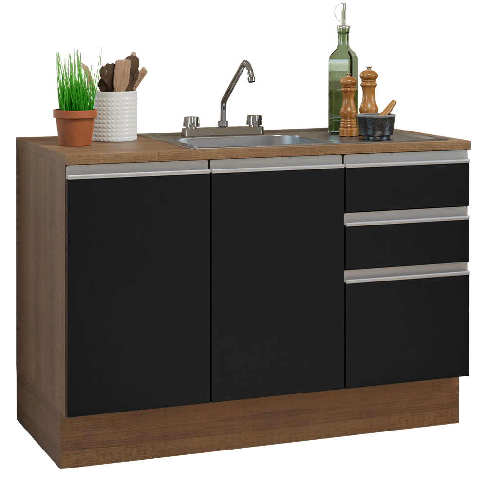 Gabinete Bajo para Fregadero con Accesorios de Cocina 120 cm 2 Puertas 3 Cajones Marrón/Negro Glamy Madesa
