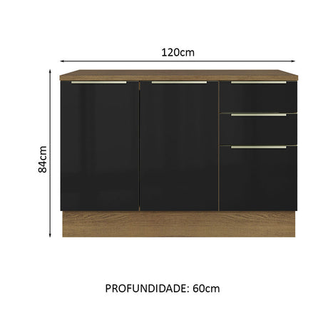 Gabinete Bajo para Fregadero 120 cm 2 Puertas 3 Cajones (Con Encimera) Lux Marrón/Negro