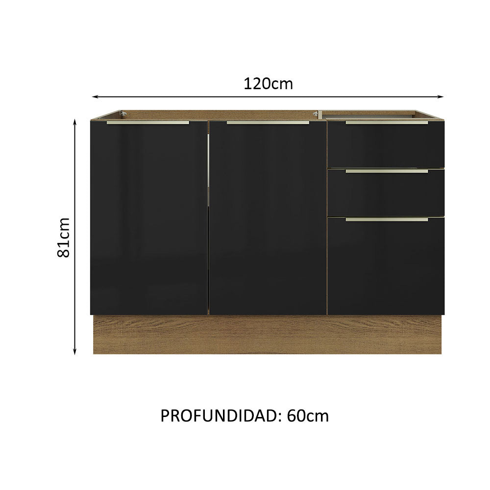 Gabinete Bajo para Fregadero con Accesorios de Cocina 120 cm 2 Puertas 3 Cajones Marrón/Negro Lux Madesa
