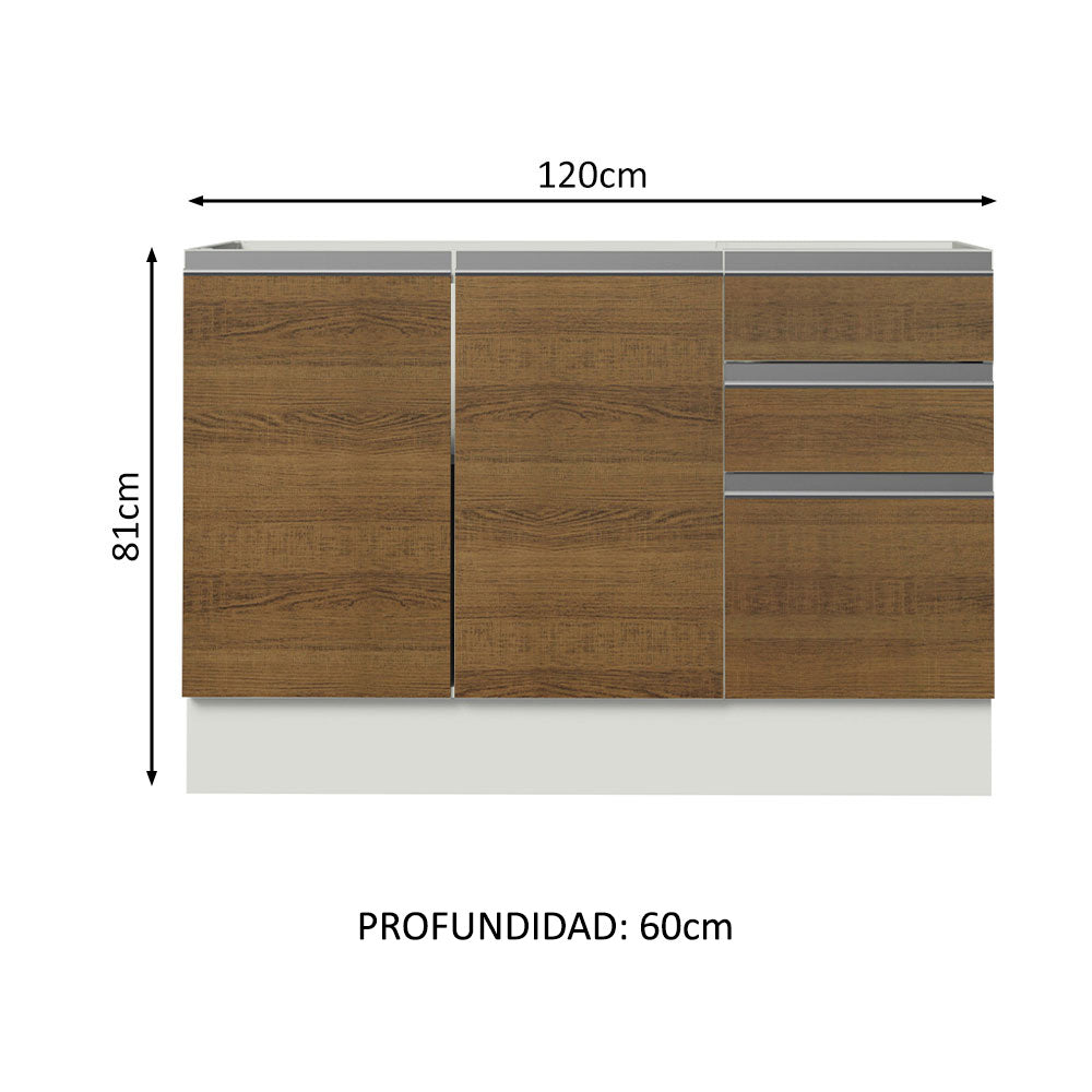 Gabinete Bajo para Fregadero con Accesorios de Cocina 120 x 60 cm 2 Puertas 3 Cajones (Con Encimera) Glamy Blanco/Marrón