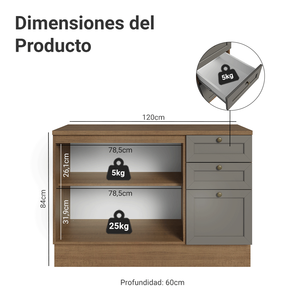 Gabinete Bajo 120 cm 2 Puertas 3 Cajones Marrón/Gris Vik Madesa