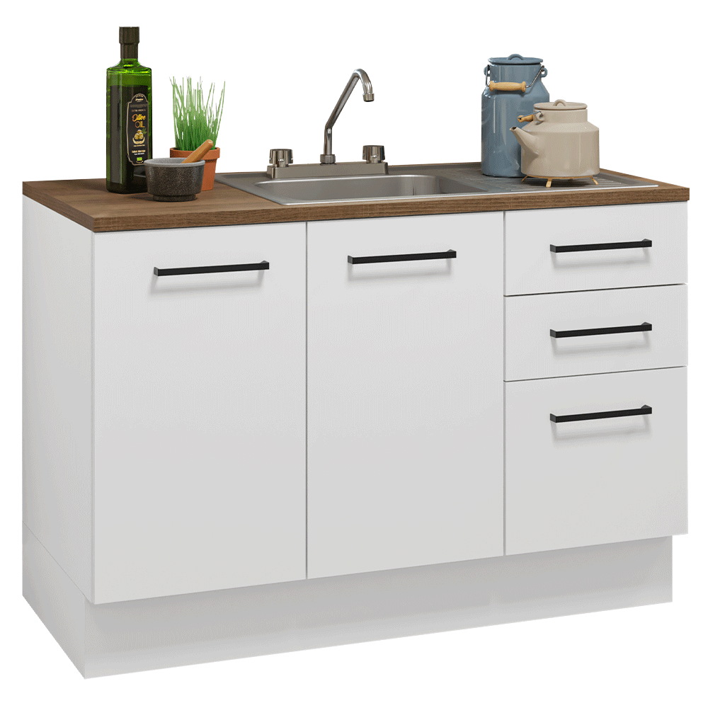 Mueble de Cocina con Fregadero 120 cm 2 Puertas y 3 Cajones Blanco/Marrón Agata