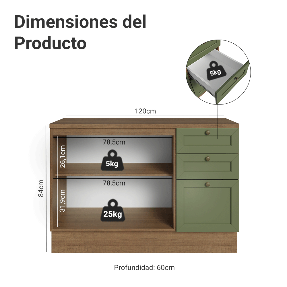 Gabinete Bajo de Cocina 120 x 60 cm 2 Puertas 3 Cajones (Con Encimera) Marrón/Verde Vik Madesa