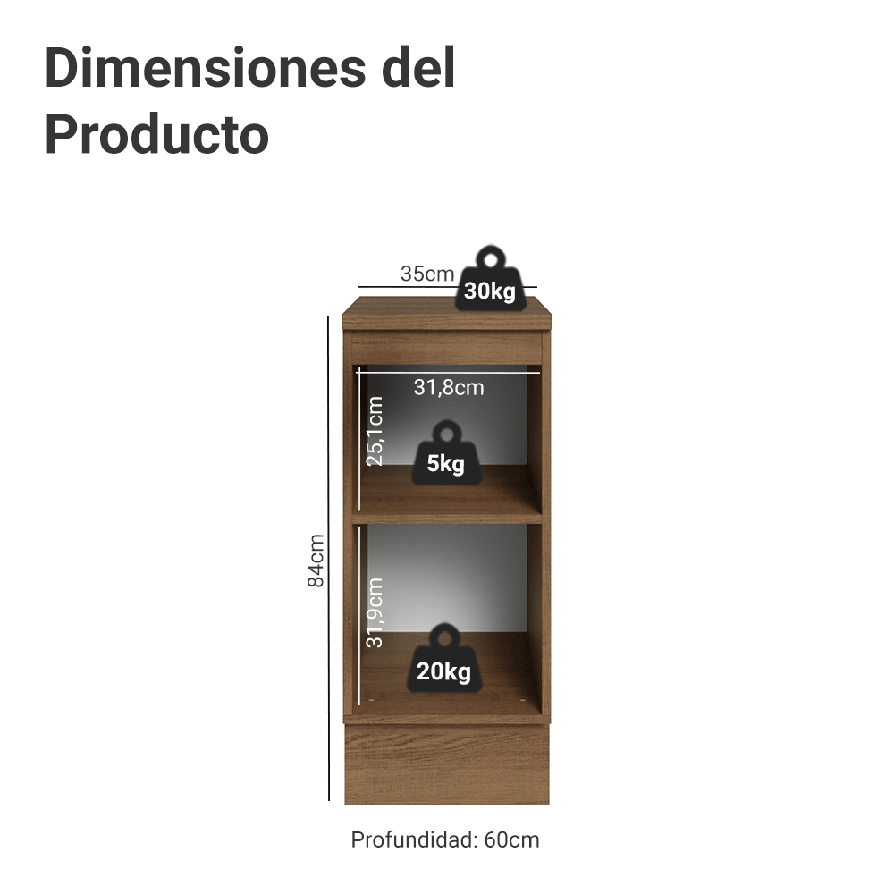 Gabinete Bajo de Cocina 35 x 60 cm 1 Puerta (Con Encimera) Marrón/Gris Vik Madesa