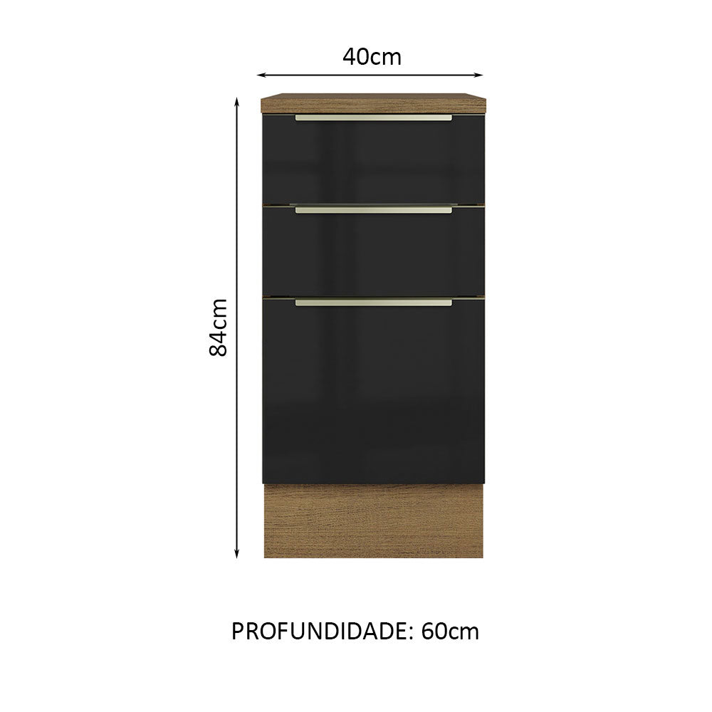Gabinete Bajo 40 cm 3 Cajones Marrón/Negro Lux Madesa