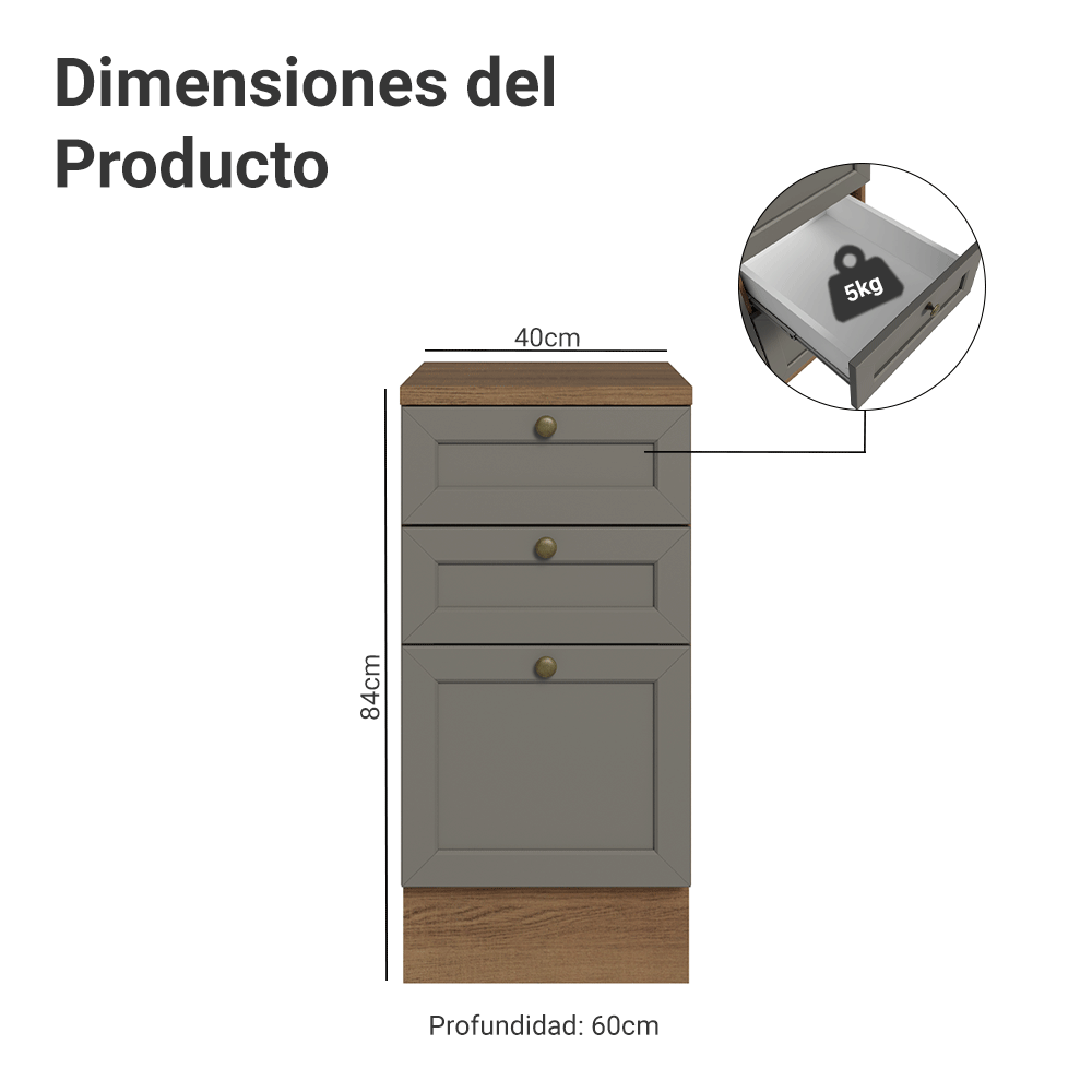 Gabinete Bajo de Cocina 40 x 60 cm 3 Cajones (Con Encimera) Marrón/Gris Vik Madesa