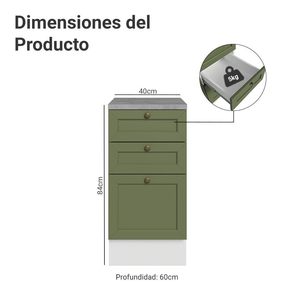 Gabinete Bajo de Cocina 40 x 60 cm 3 Cajones (Con Encimera) Blanco/Verde Vik Madesa