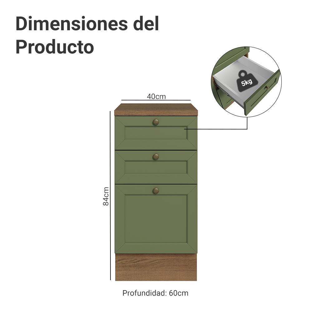 Gabinete Bajo de Cocina 40 x 60 cm 3 Cajones (Con Encimera) Marrón/Verde Vik Madesa