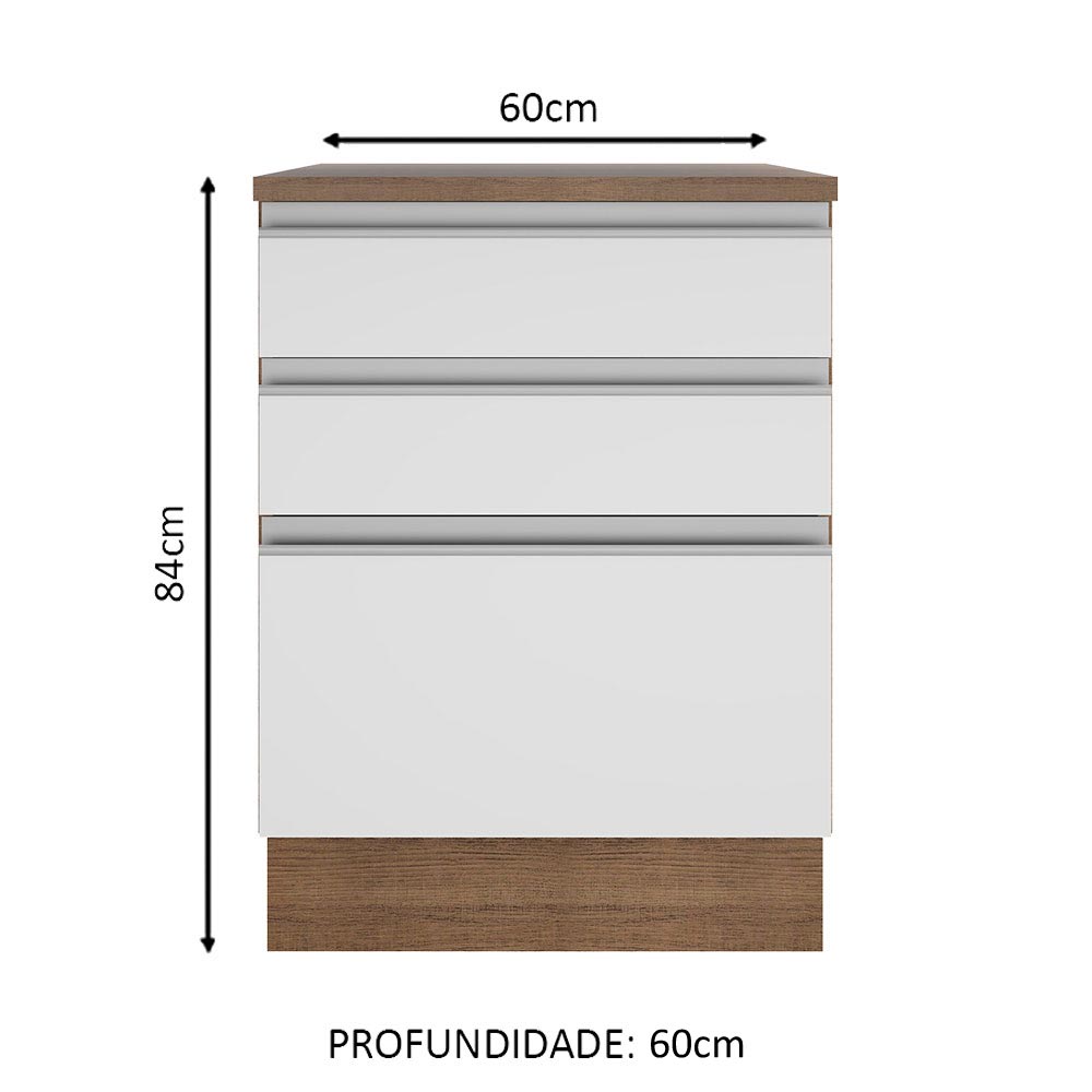 Gabinete Bajo 60 x 60 cm 3 Cajones Glamy (Con Encimera) Marrón/Blanco