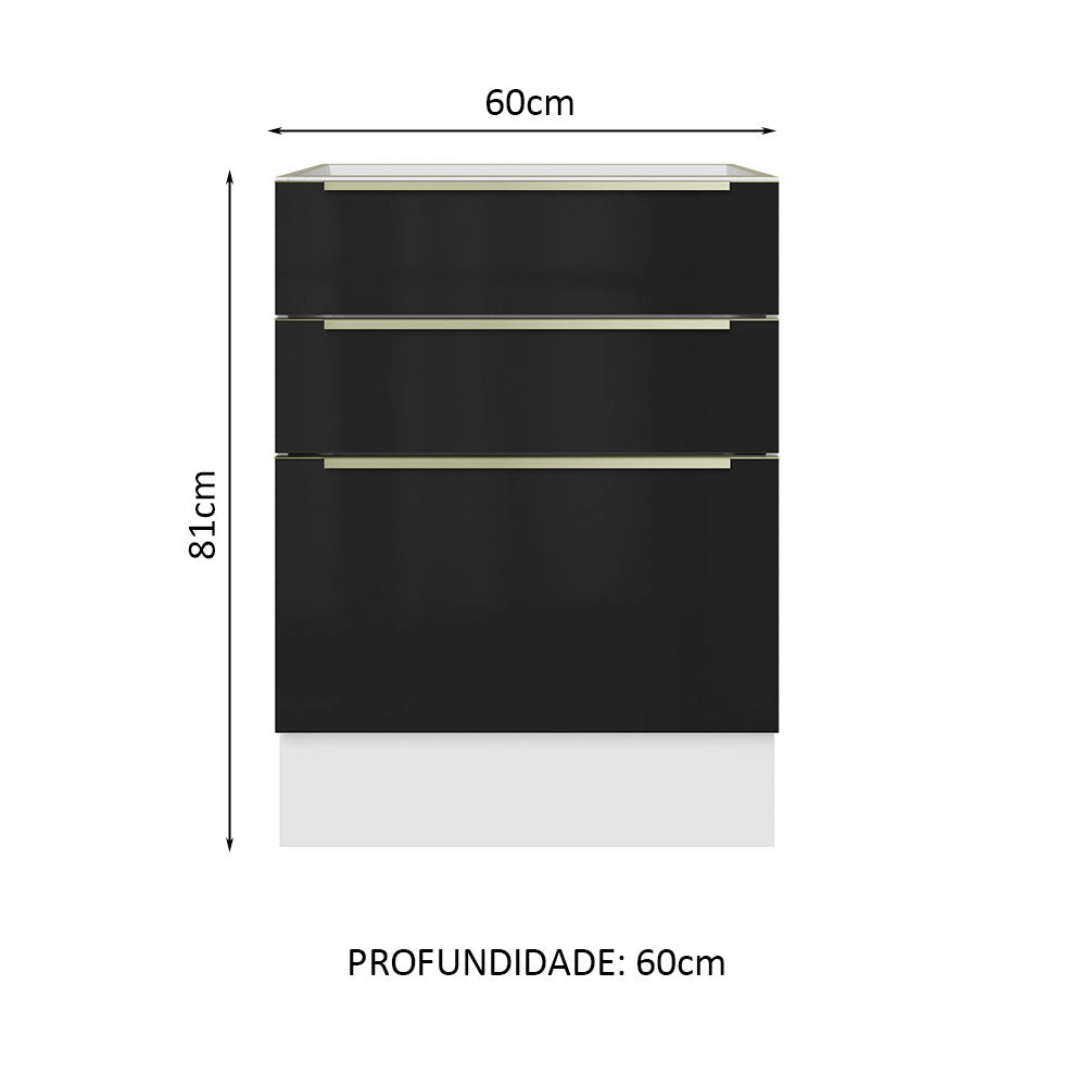 Gabinete Bajo 60 cm 3 Cajones Sin Encimera Blanco/Negro Lux Madesa