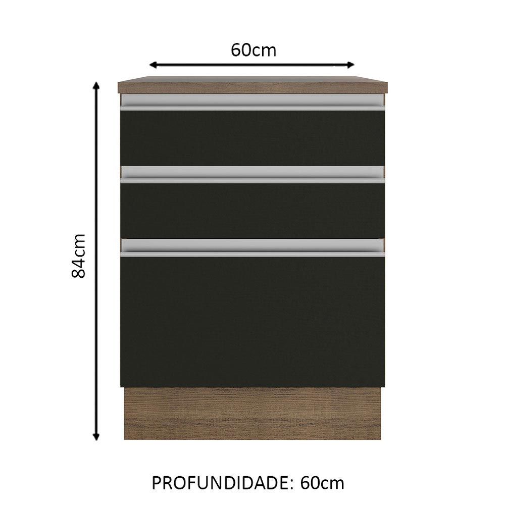 Gabinete Bajo 60 cm 3 Cajones Marrón/Negro Glamy Madesa