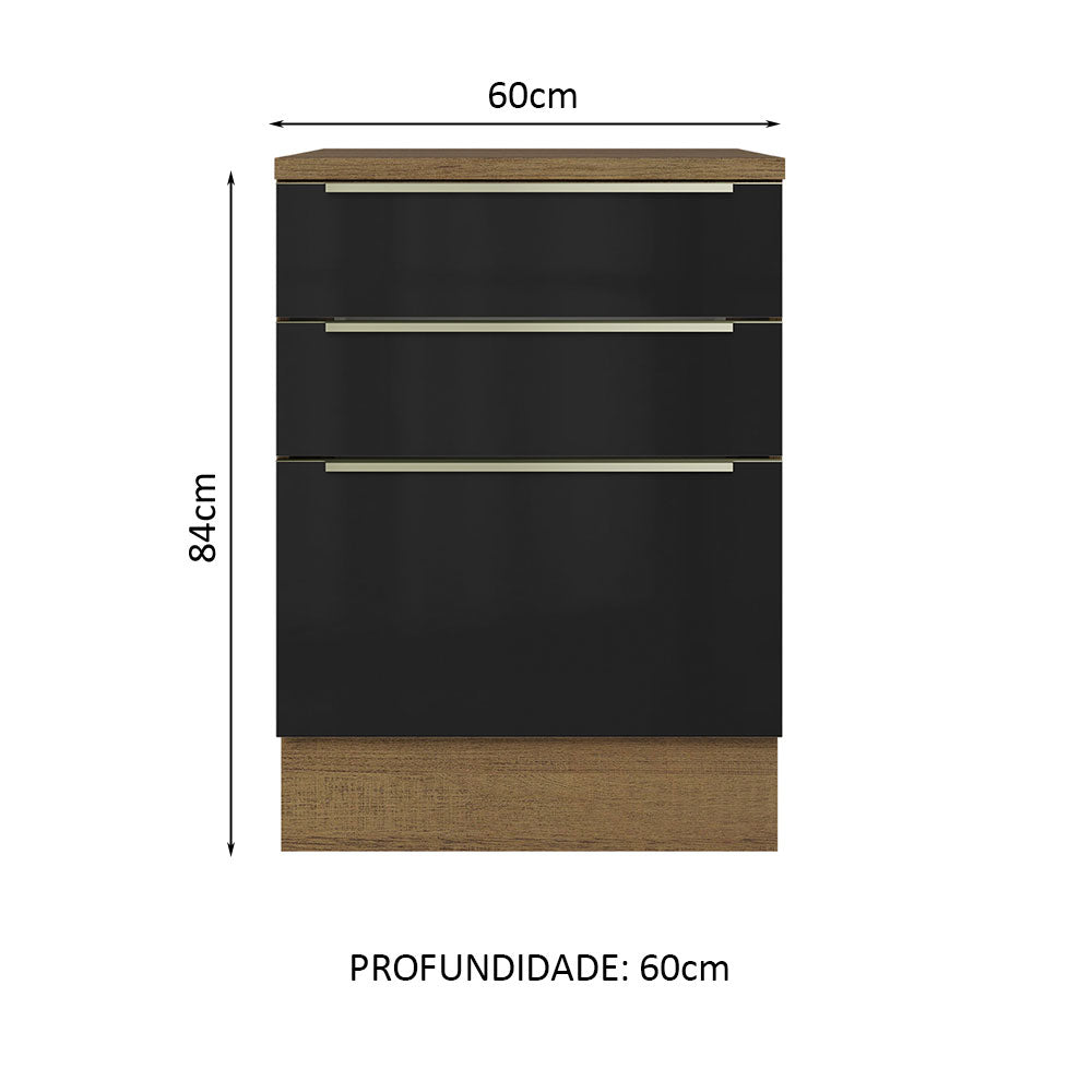 Gabinete Bajo 60 cm 3 Cajones Marrón/Negro Lux Madesa