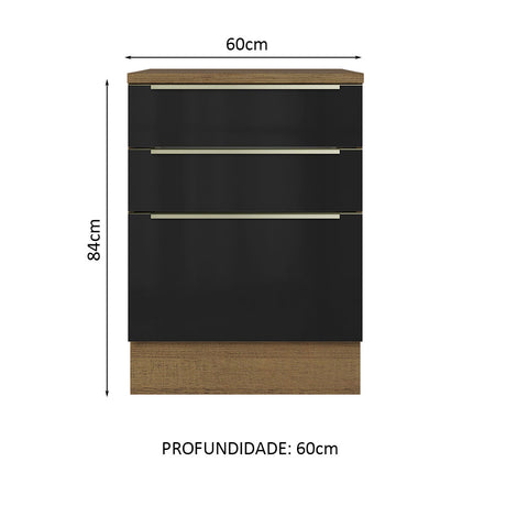 Gabinete Bajo 60 cm 3 Cajones (Con Encimera) Lux Marrón/Negro