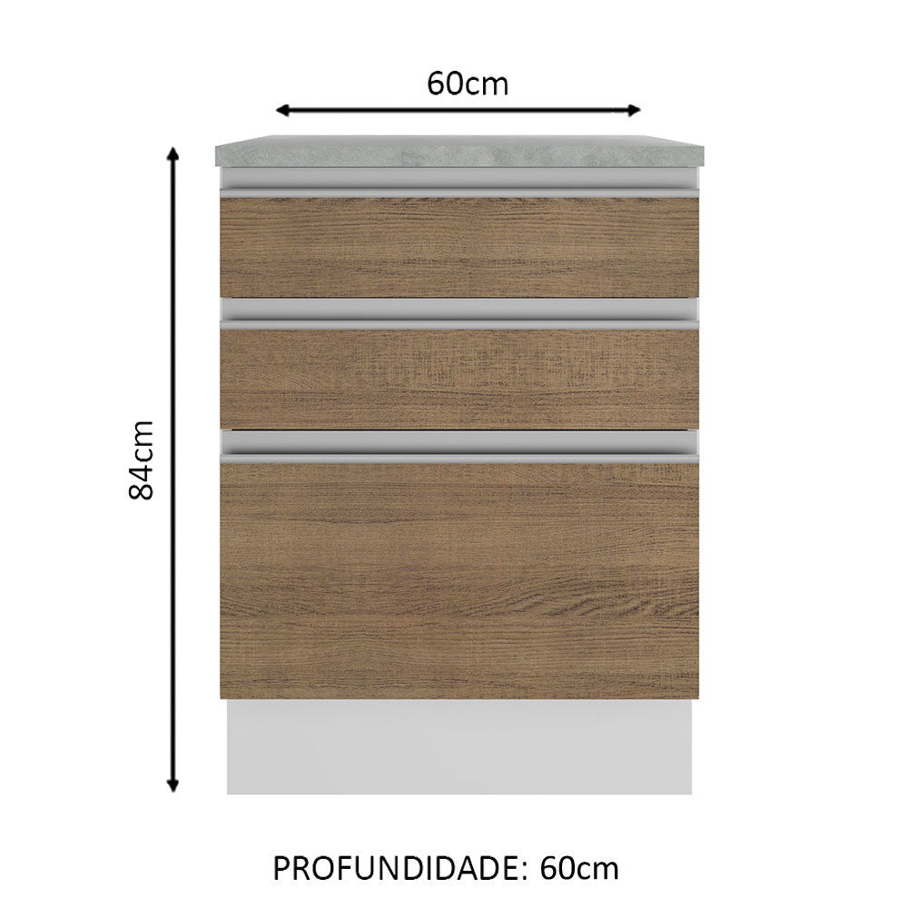 Gabinete Bajo 60 x 60 cm 3 Cajones Glamy (Con Encimera) Blanco/Marrón