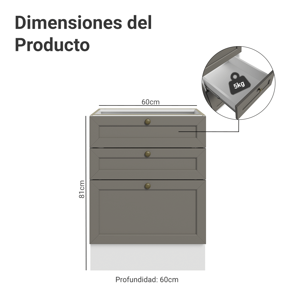 Gabinete Bajo de Cocina 60 x 60 cm 3 Cajones (Sin encimera) Blanco/Gris Vik Madesa