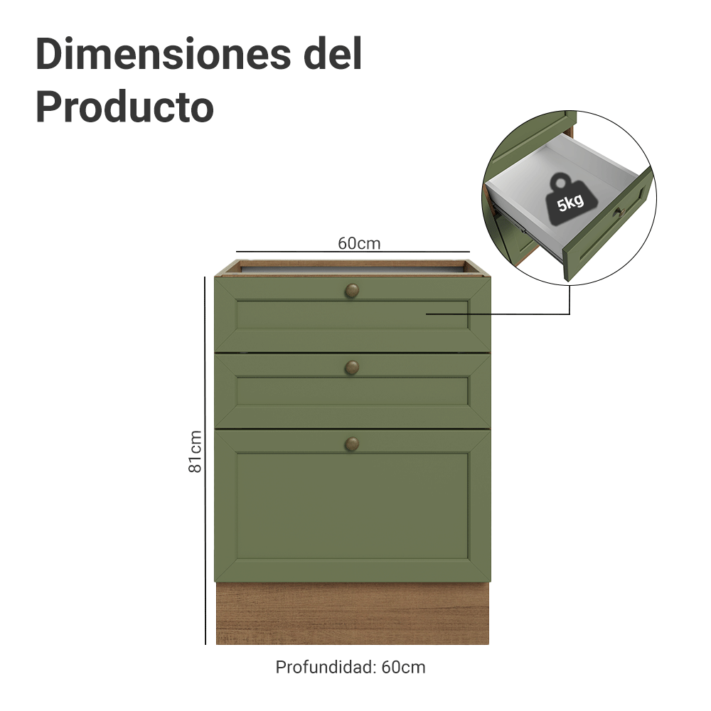Gabinete Bajo de Cocina 60 x 60 cm 3 Cajones (Sin encimera) Marrón/Verde Vik Madesa