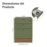 Gabinete Bajo de Cocina 60 x 60 cm 3 Cajones (Sin encimera) Marrón/Verde Vik Madesa