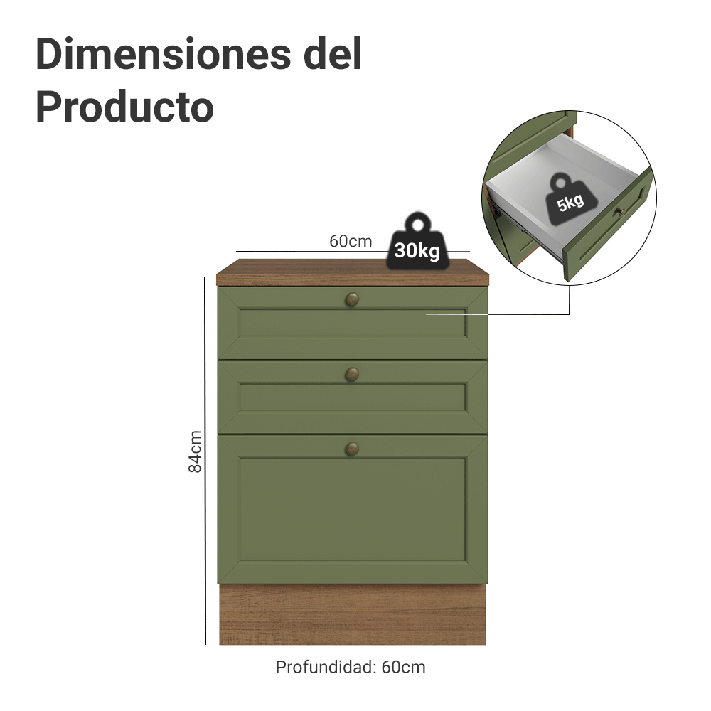 Gabinete Bajo 60 cm 3 Cajones Marrón/Verde Vik Madesa