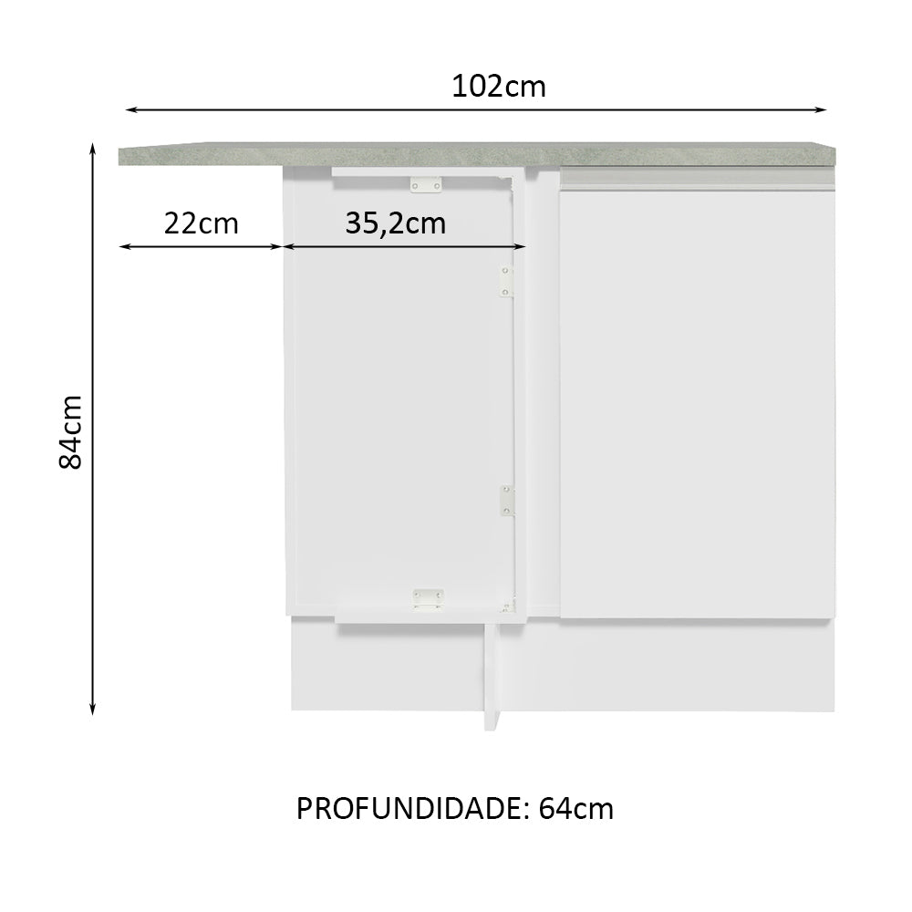 Gabinete Bajo de Esquina de Cocina 60 de Profundidad con 1 Puerta (Con Encimera) Glamy Blanco