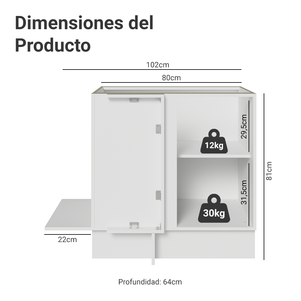 Gabinete Bajo Esquinero 80 cm 1 Puerta Sin Encimera Blanco Stella Madesa