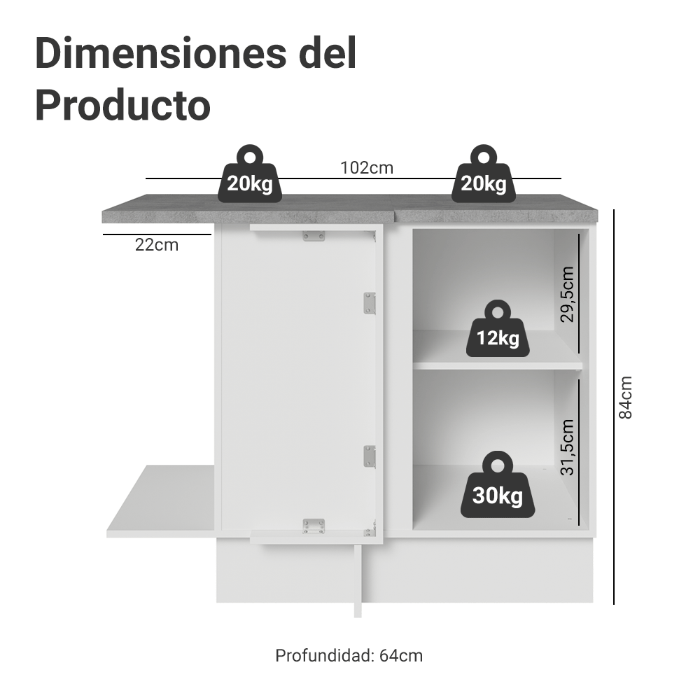 Gabinete Bajo Esquinero 102 cm 1 Puerta Blanco Stella Madesa