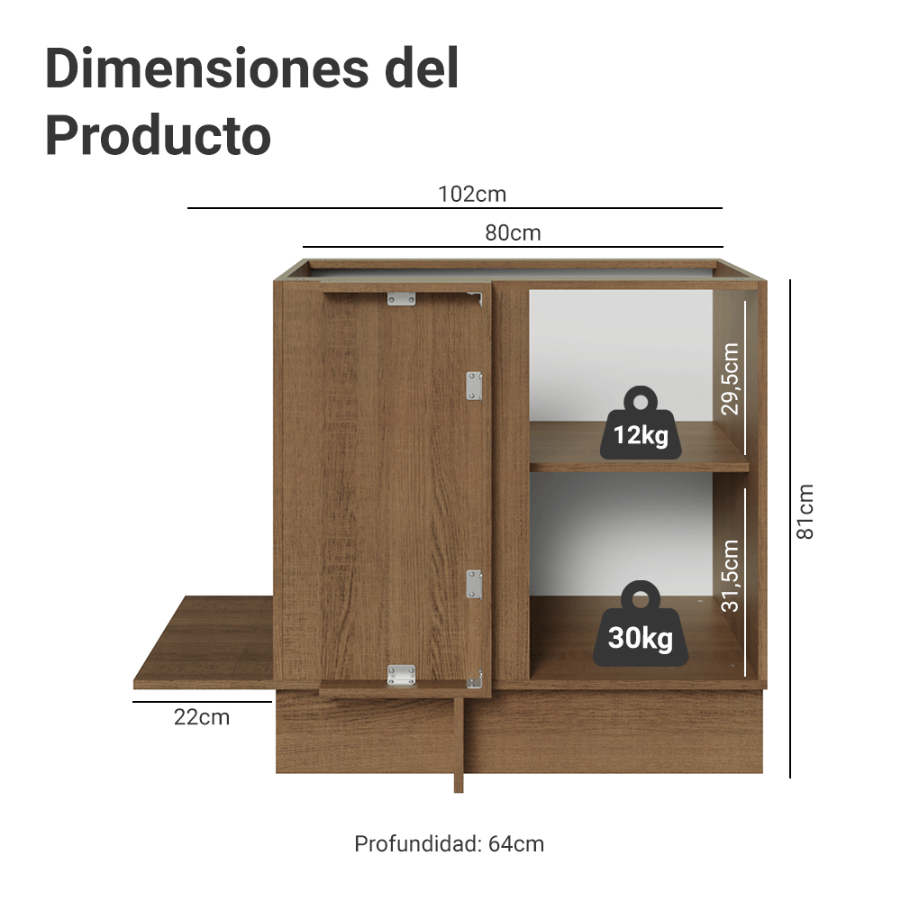 Gabinete Bajo Esquinero 80 cm 1 Puerta Sin Encimera Marrón/Blanco Stella Madesa
