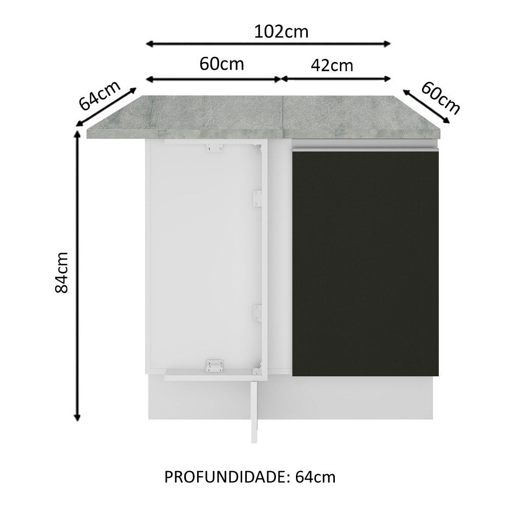 Gabinete Bajo de Esquina de Cocina 60 de Profundidad con 1 Puerta (Con Encimera) Glamy Blanco/Negro